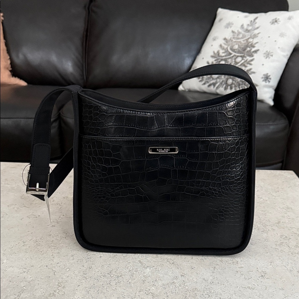 Nine West Black Croc-Embossed Shoulder Bag
